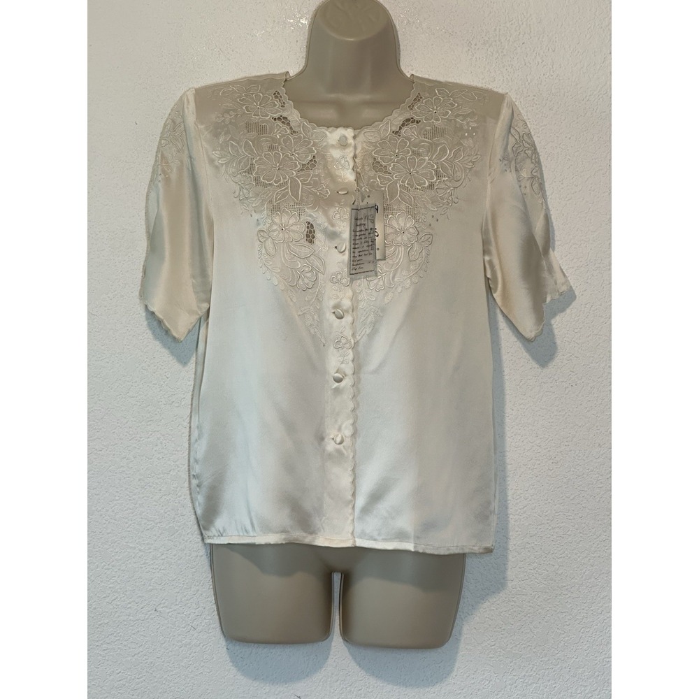 New Vintage Top Line Blouse Sz 34 Ivory 100% Silk Hand Embroidered Button Flaw